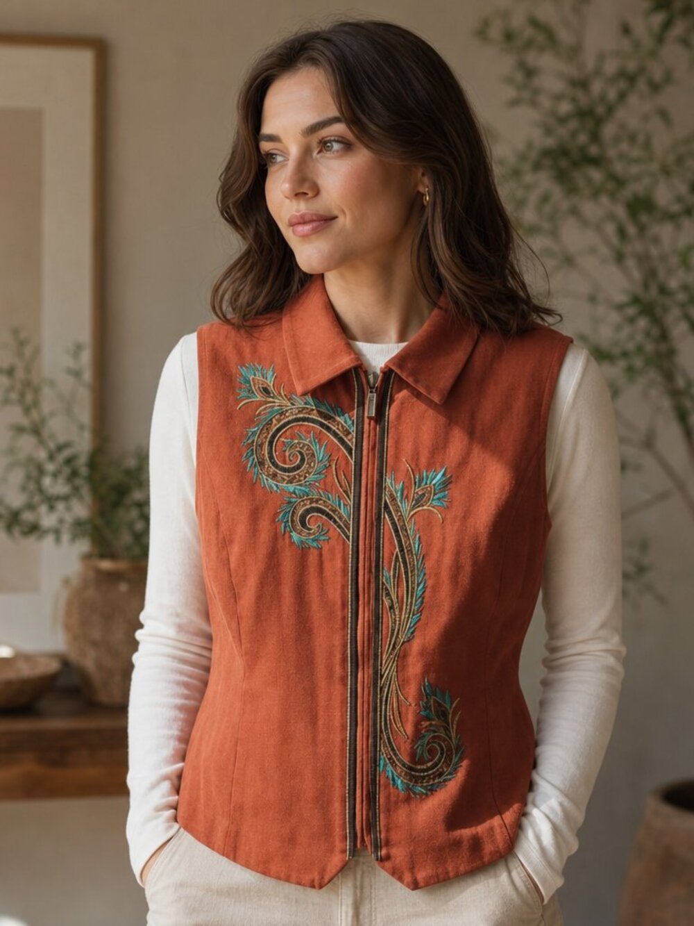 Bob Mackie Wearable Art Vibrant Orange Embroidered Zip Vest.  Size XL